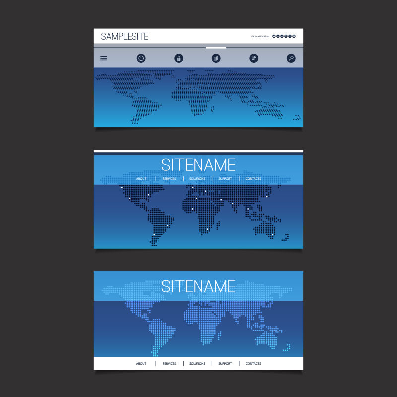 矢量的蓝色世界地图样式网页标题栏设计