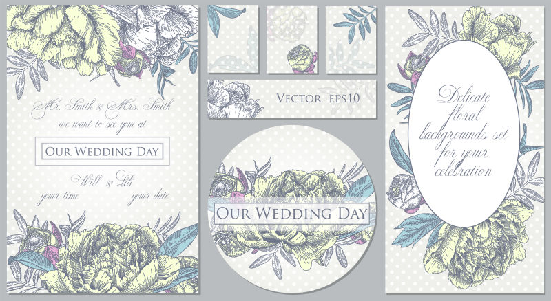 彩色花卉边框的矢量婚礼卡片