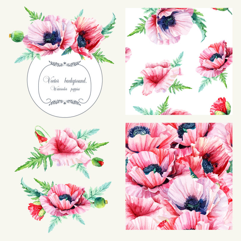 罂粟花装饰的矢量婚礼卡片