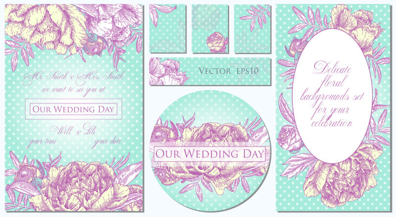 粉色牡丹装饰的矢量婚礼卡片