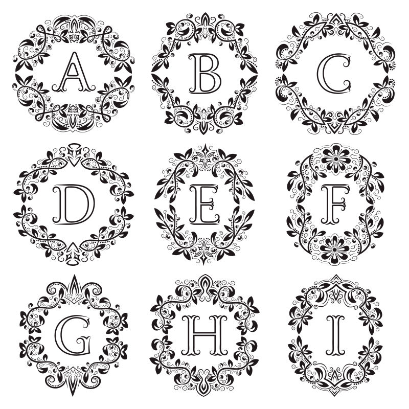 花纹图案装饰的矢量字母图标设计
