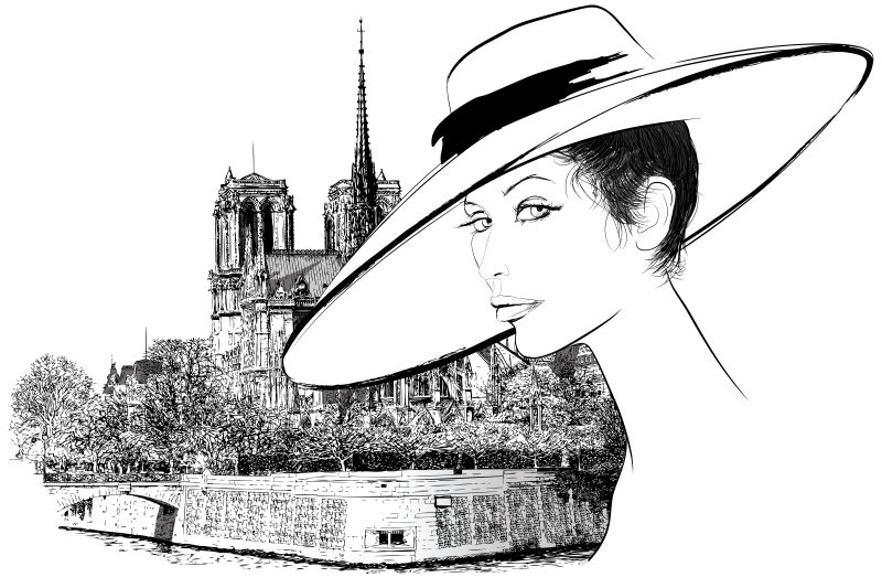 矢量巴黎戴帽子的手绘时尚女人