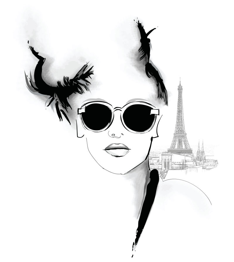巴黎带太阳镜的时尚模特手绘矢量插图