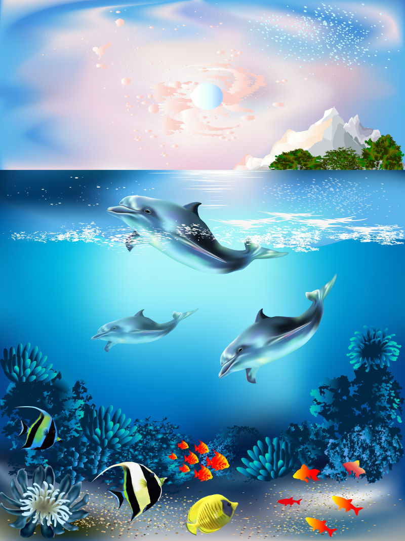 矢量创意有海豚的海底世界设计