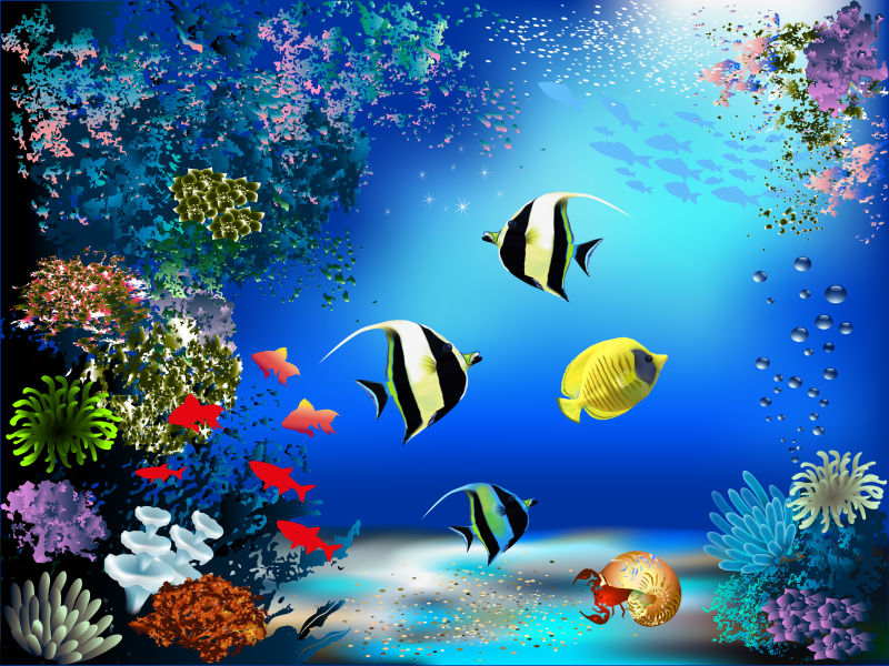 创意有鱼和植物的海底世界矢量插图