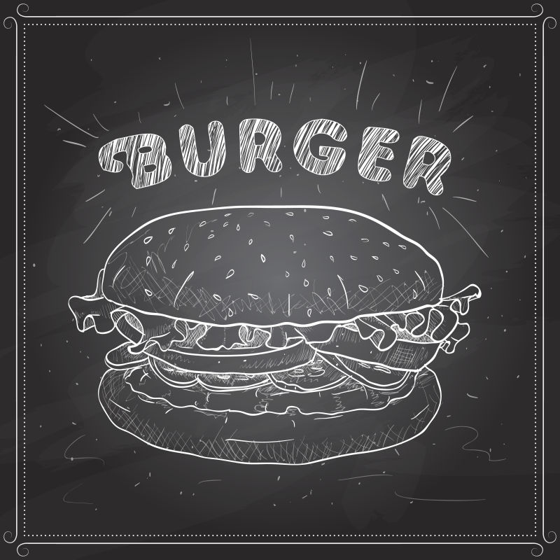 黑色背景下的手绘汉堡矢量图案设计