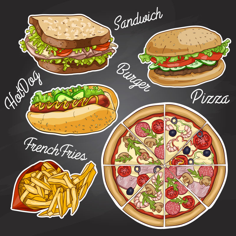 黑板上的手绘快餐食物矢量图案