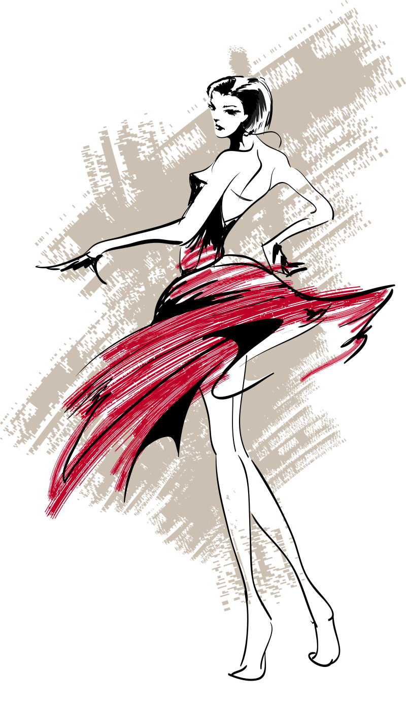 创意时尚穿红裙的美女矢量插图
