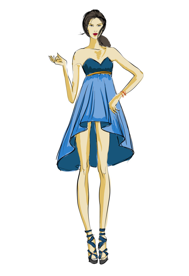 创意矢量时尚穿蓝裙的女人插图