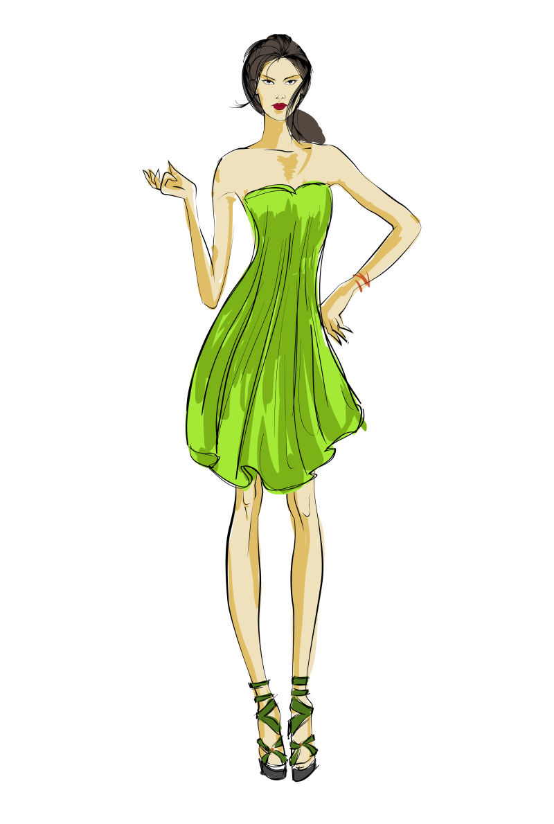 矢量时尚穿绿裙的女人插图