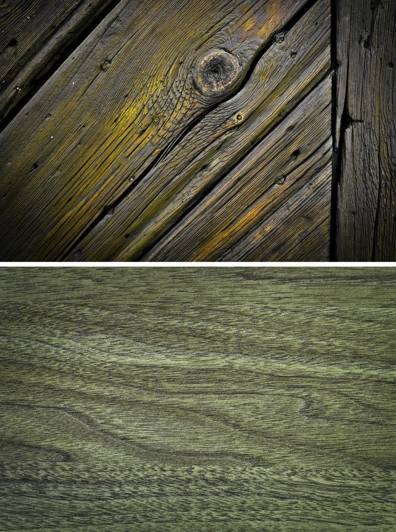两块不同形状不同木材纹理的木板