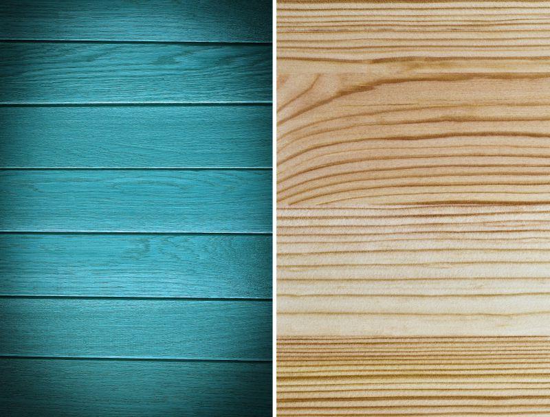 浅蓝色和原木色的两块不同图案的木板拼图
