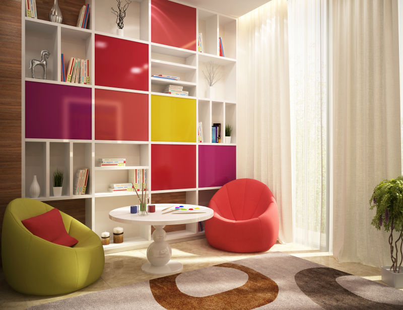 温馨色彩靓丽的室内书柜设计