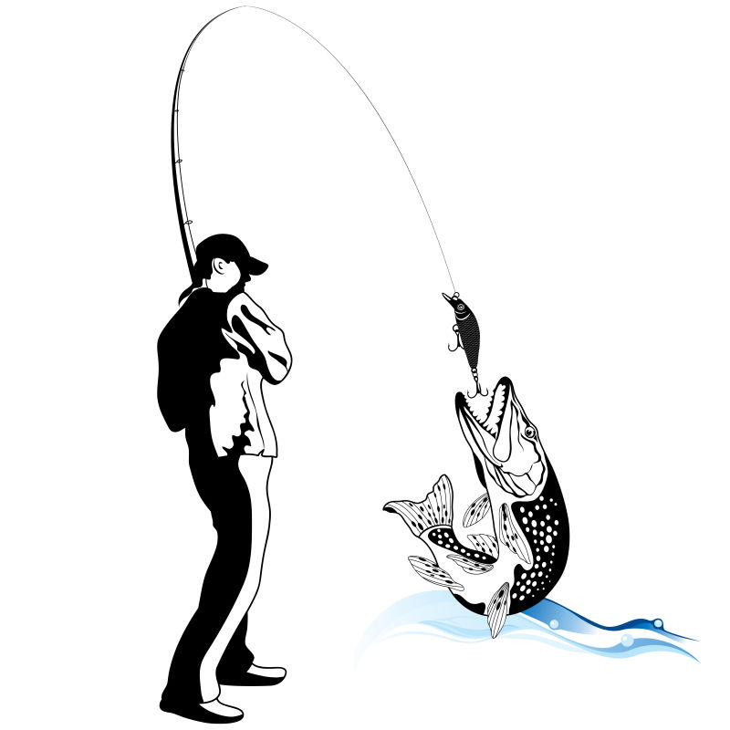 钓梭鱼的渔夫矢量插图