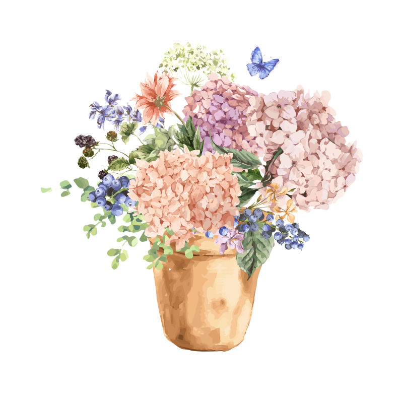 装满盛开鲜花的花盆矢量插图