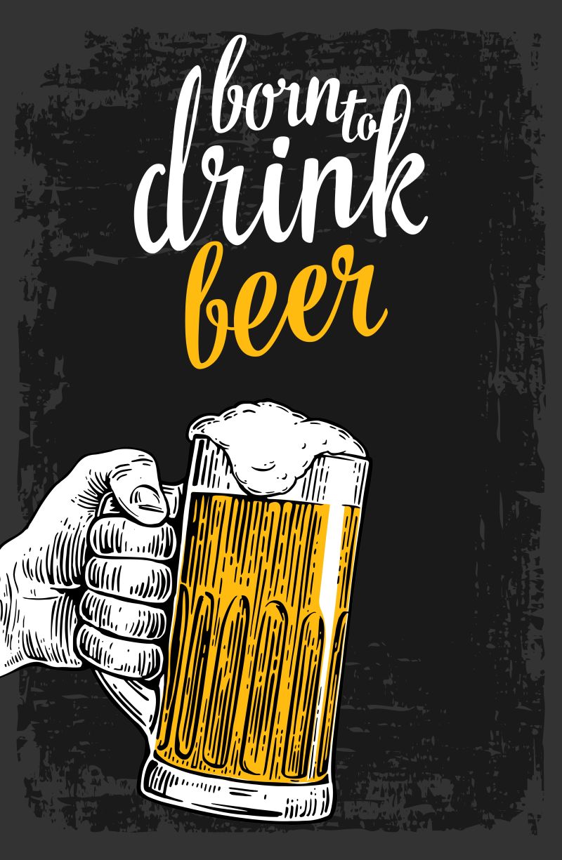 创意矢量复古手绘拿啤酒杯的海报设计