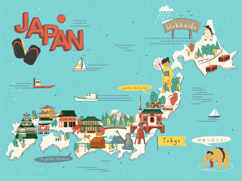 矢量创意卡通日本旅游地图设计