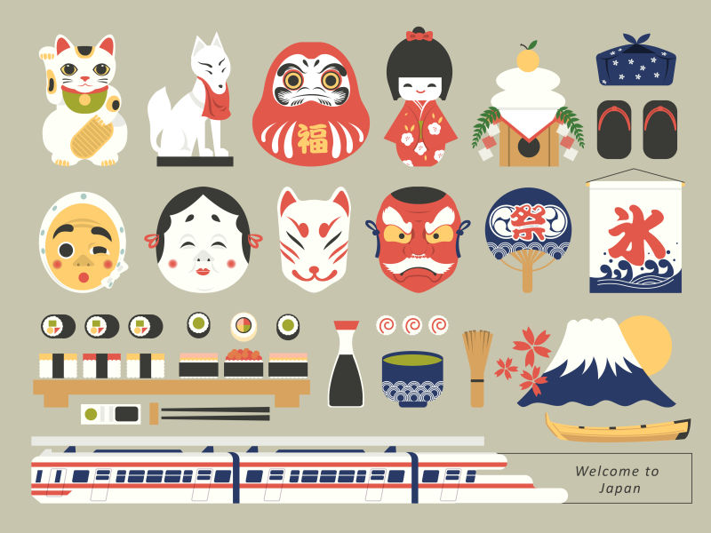 矢量日本传统文化创意平面风格的图标设计