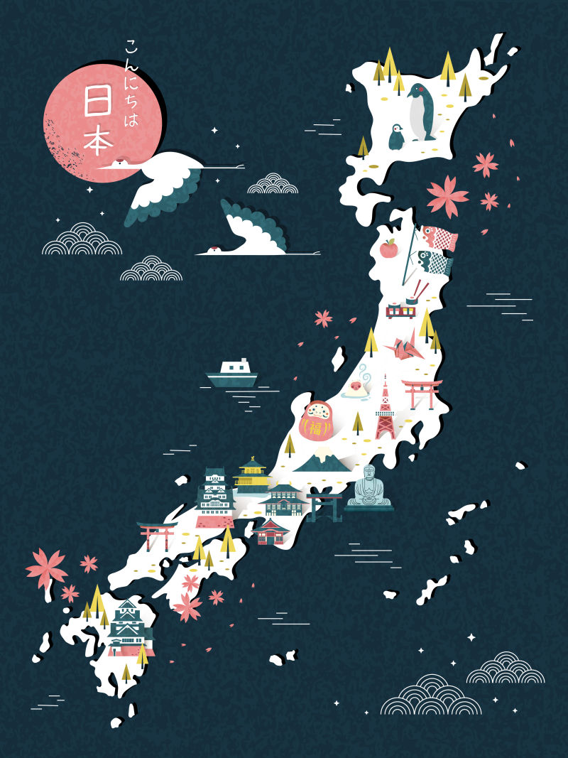 矢量日本传统风格的日本旅游地图设计