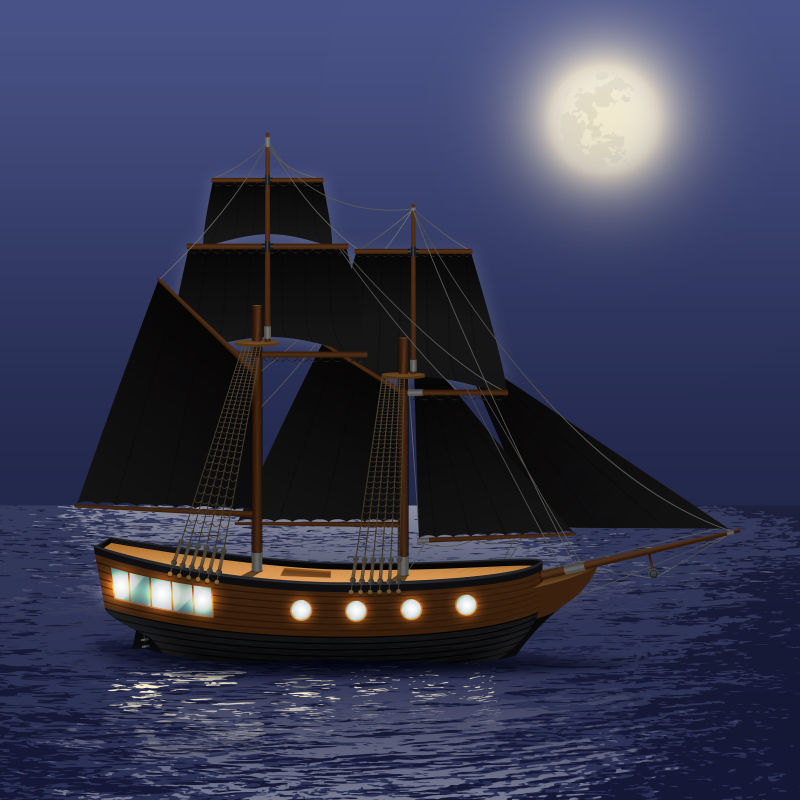 黑夜海面上的帆船矢量插图