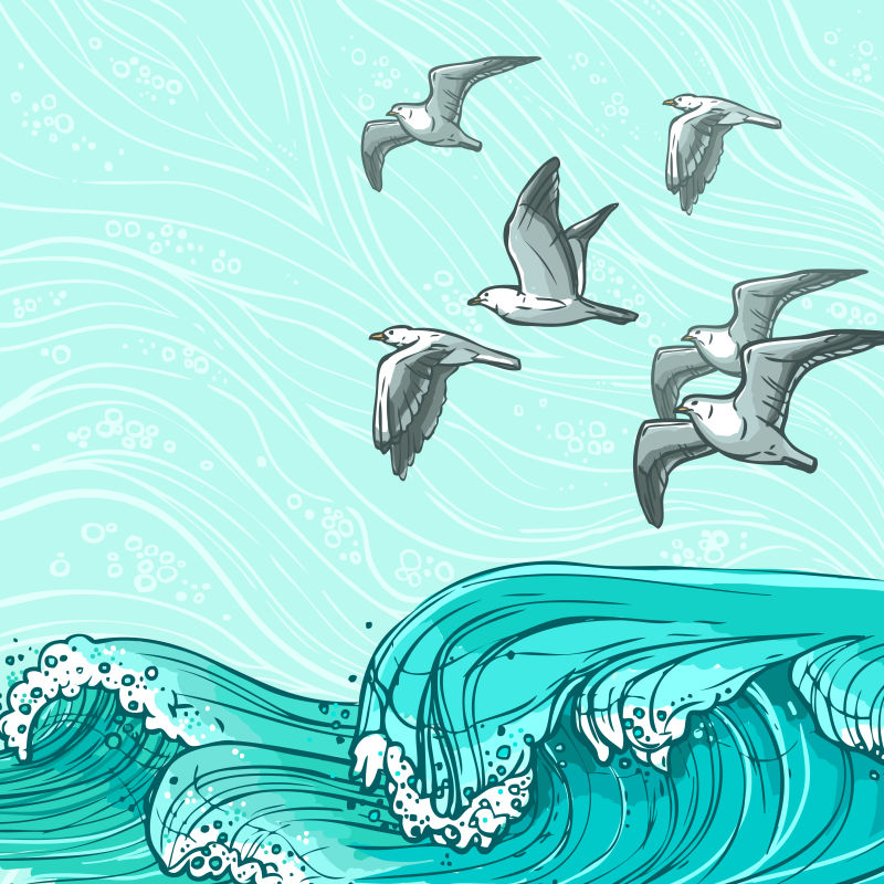 矢量的蓝色海浪和白色海鸥