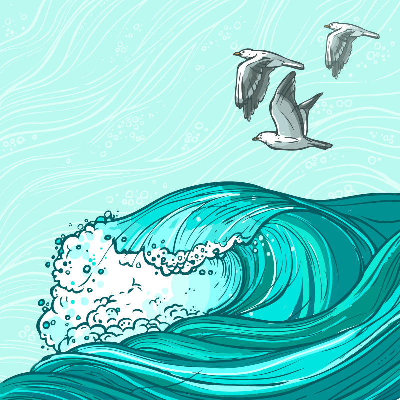 蓝色的海浪和白色海鸥矢量插图