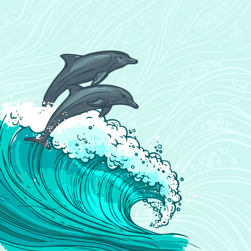 蓝色海浪上的海豚矢量插图