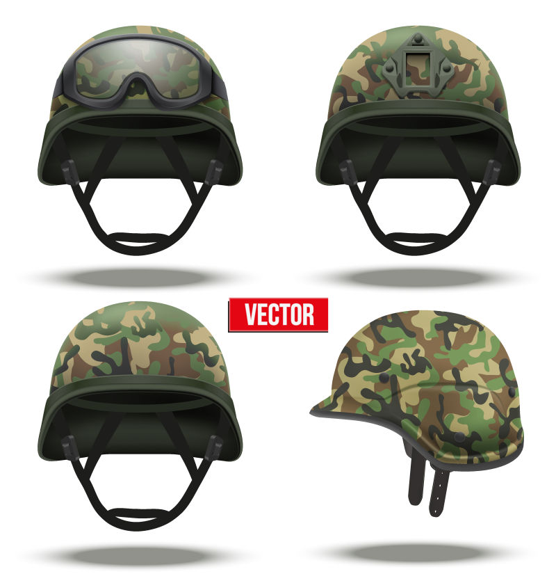 不同角度的伪装色军事战术头盔矢量插图