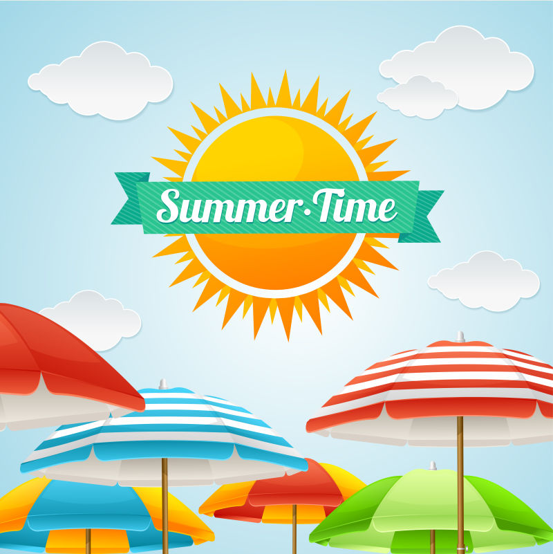 夏日海滩上的遮阳伞和大太阳矢量插图