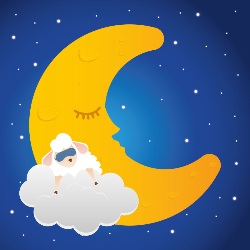 夜空中和月亮睡在一起的绵羊矢量卡通插图