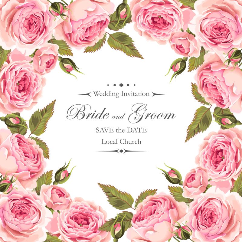 创意矢量粉色花卉元素的婚礼请柬