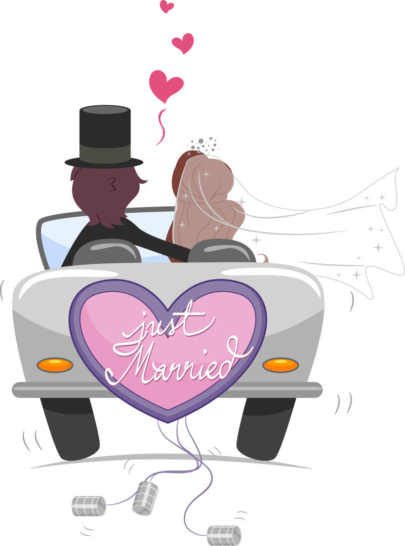 一对新婚夫妇开车去度假的矢量插图