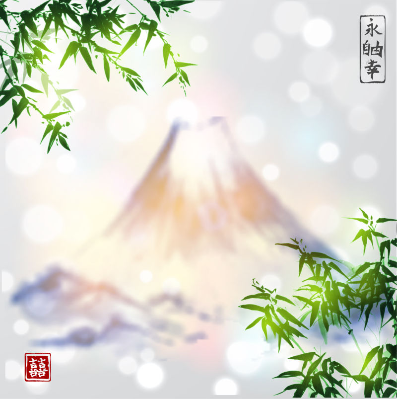 竹子和富士山矢量水墨风格插图