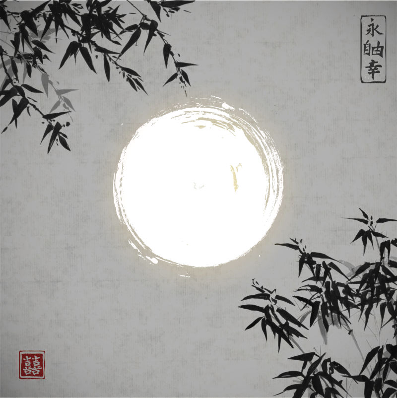 日本传统绘画风格的竹子和月亮矢量插图