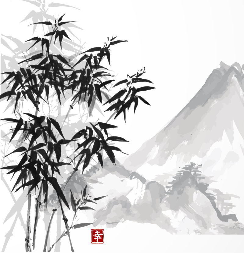 水墨风格的竹子和山矢量插图