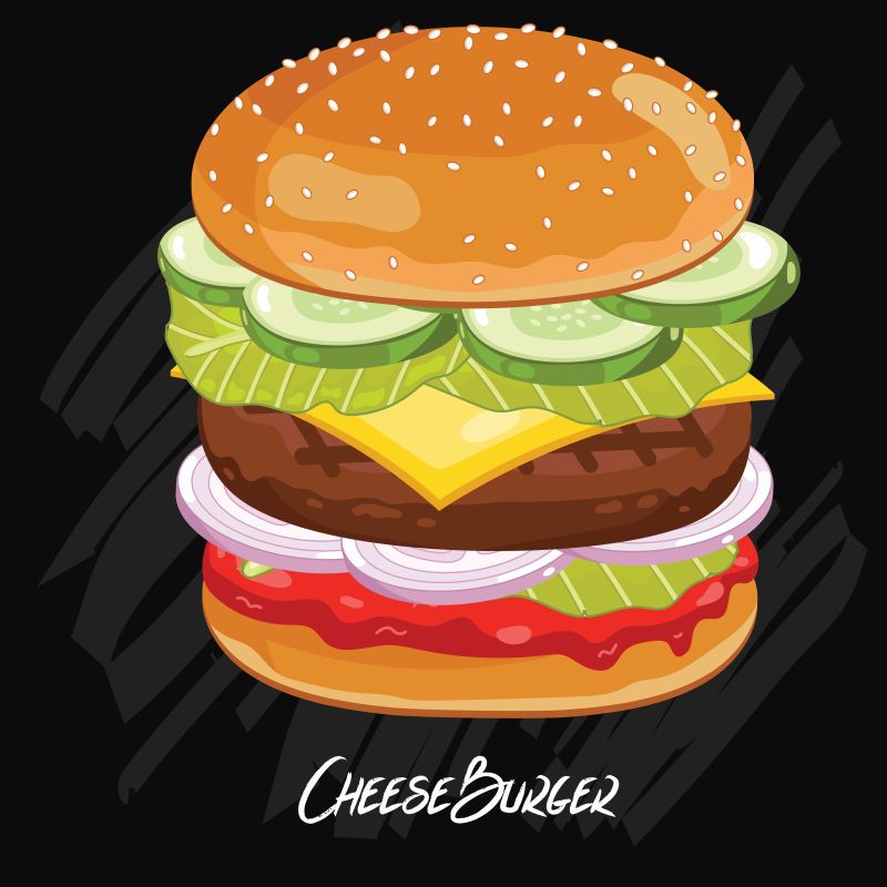 黑色背景下的汉堡包矢量插图