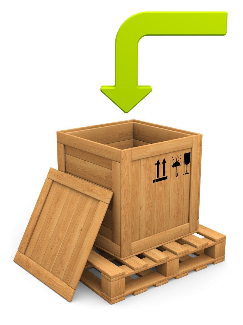 绿色弯曲箭头指示木制托盘上的木箱与纸箱