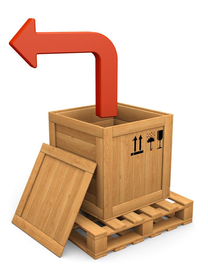 木制托盘上的木箱与纸箱红色弯曲的箭头指示