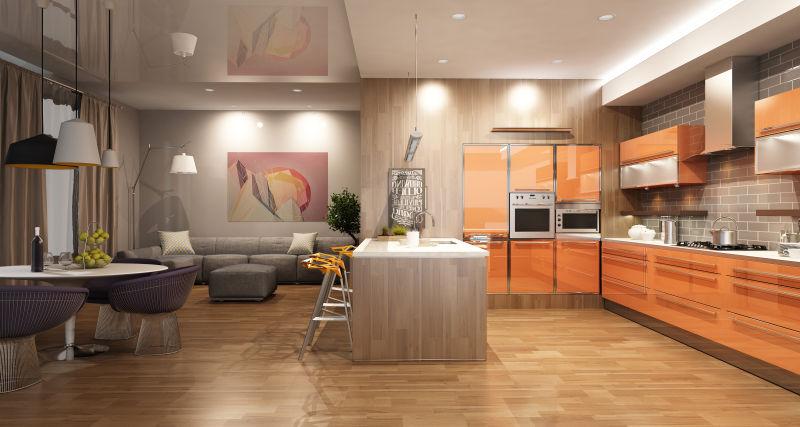 明亮的橘色厨房和灰色餐厅的三维设计效果