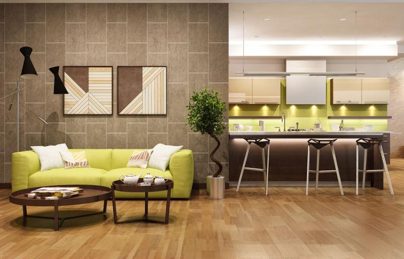 黄色主色调的客厅和餐厅三维立体设计效果