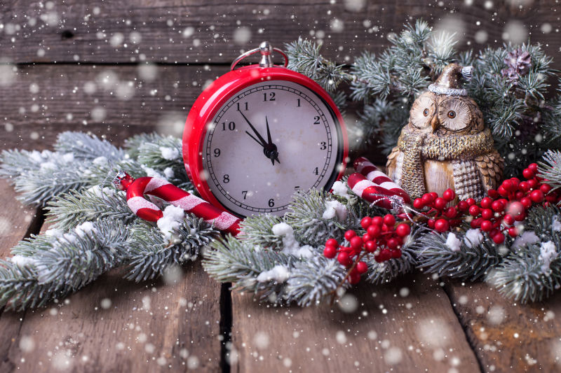 圣诞树枝上的红色闹钟和可爱的猫头鹰饰品