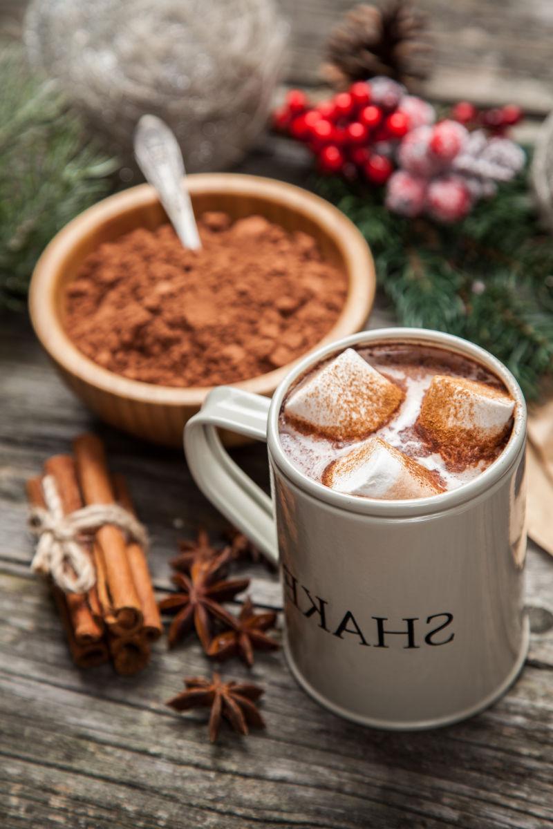 木桌上的有棉花糖的热巧克力可可饮料和肉桂等调味料