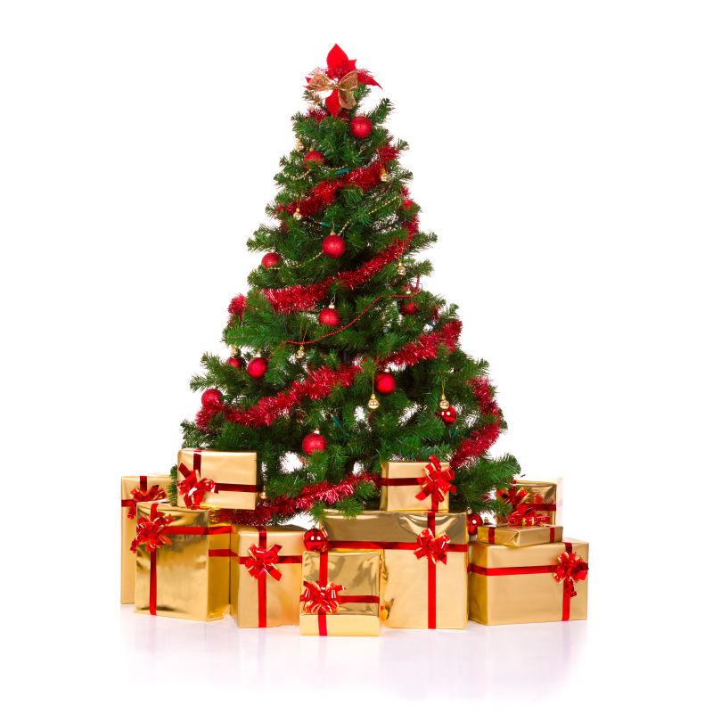 白色背景下美丽的圣诞树和圣诞礼物