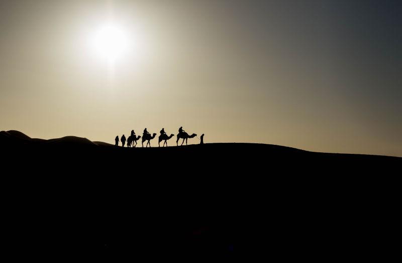 日落十分行走在沙漠上的骆驼商队