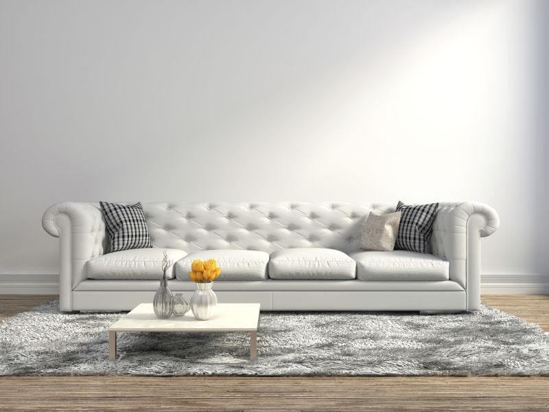 现代风格客厅里白色背景墙前银色地毯上的白色沙发