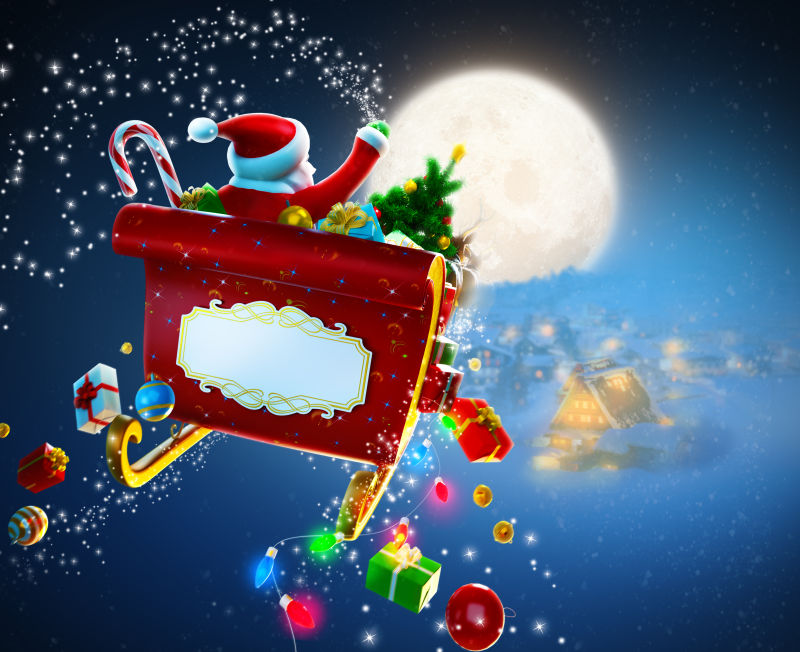 圣诞老人乘雪橇在天空中飞