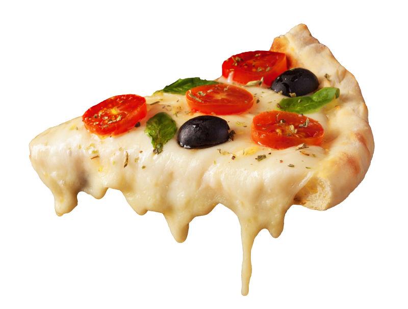 一个热腾腾的融化的奶酪披萨片在白色背景