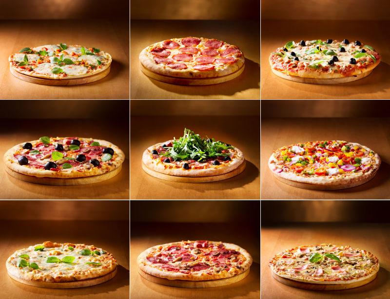 各种不同食材的披萨饼拼贴