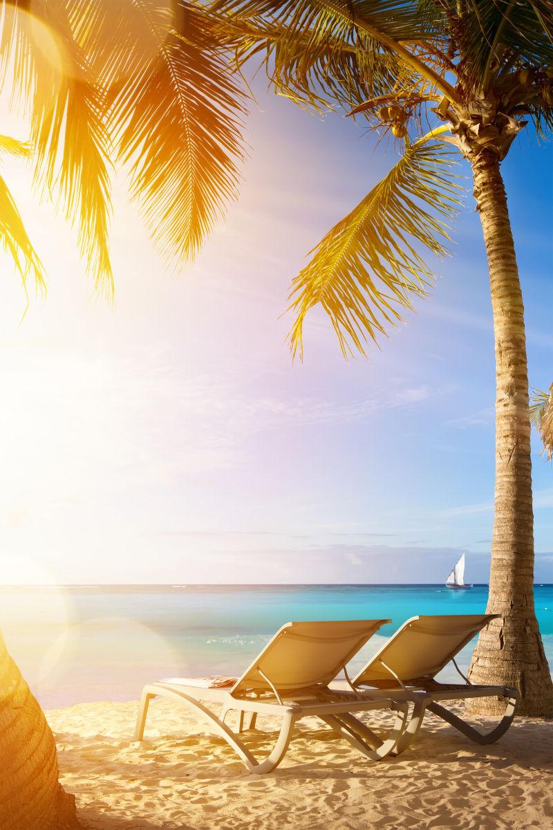 热带海滨沙滩休息区和棕榈树