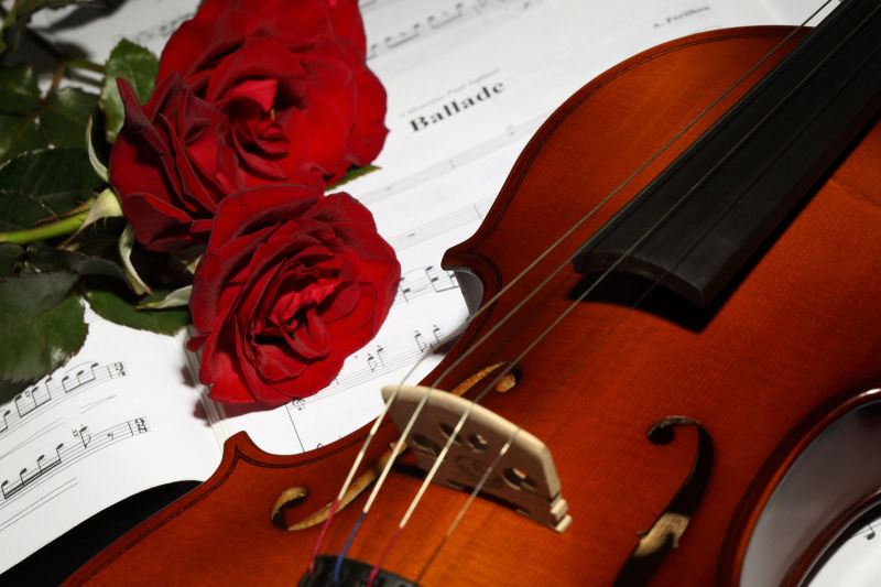 乐谱上的诱人玫瑰和小提琴